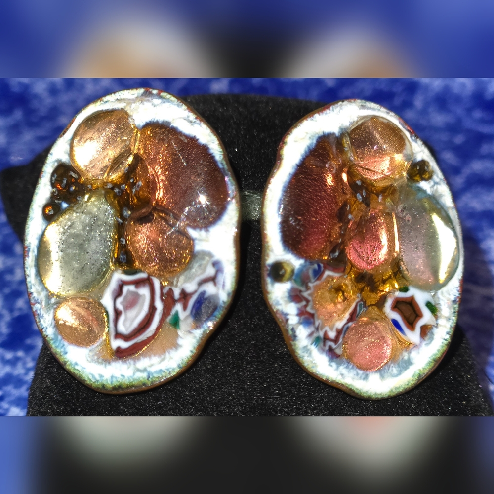 Mosaic 1950s Glass & Enamel ☀️MCM☀️Copper Screwback Earrings *SIGNED*